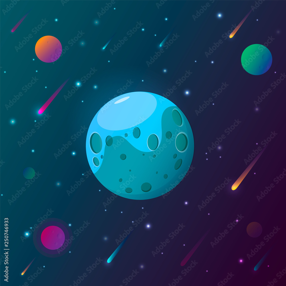 Space and planet background. Planets surface with craters, stars and comets in dark space. Vector illustration