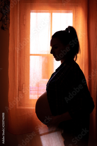 Silhouette of Pregnant Woman Standing next to the Window.