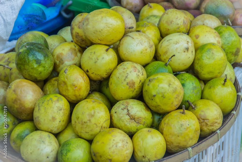 Organic Passion fruit (Passiflora edulis) for sale at the local market in Thailand. Passiflora edulis also known as passion fruit or passionfruit, maracuya or parcha, grenadille or fruit de la passion Organic Passion fruit (Passiflora edulis) for sale at the local market in Thailand. Passiflora edulis also known as passion fruit or passionfruit, maracuya or parcha, grenadille or fruit de la passion