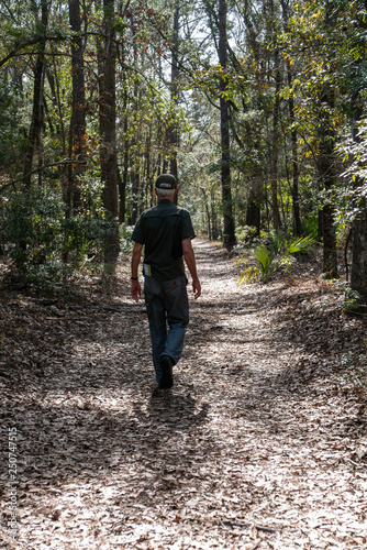 Senior man hiking in the woods on a leafy covered trail, vertical