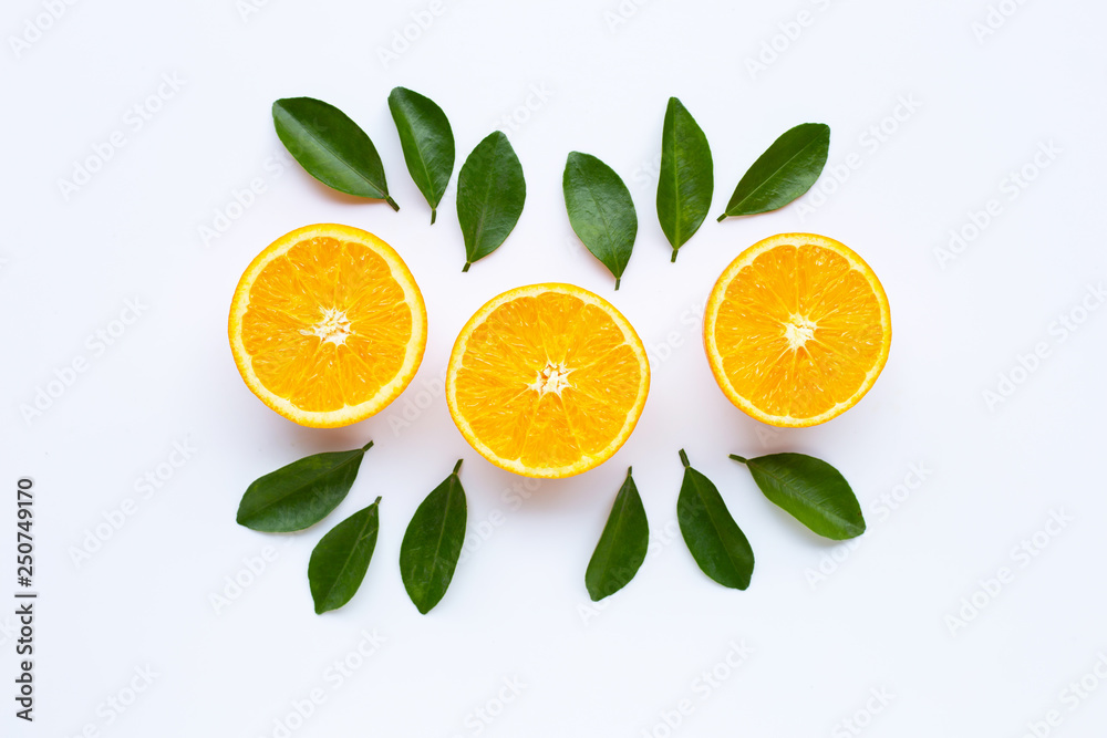 High vitamin C. Fresh orange citrus fruit with leaves isolated on white. High vitamin C. Fresh orange citrus fruit with leaves isolated on white.