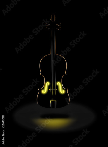 The golden tones of a classic violin is expressed with a glowing golden light from within in this dramatic image.