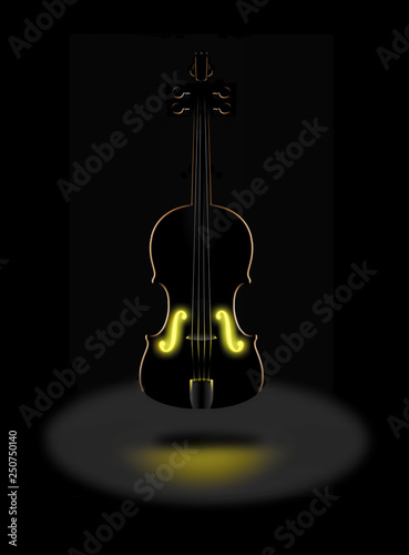 The golden tones of a classic violin is expressed with a glowing golden light from within in this dramatic image.