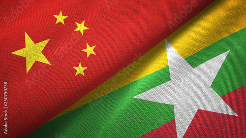 Photography China and Myanmar two flags textile cloth, fabric texture