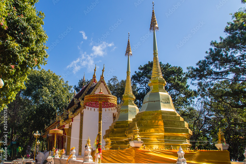 Naklejka premium Beautiful golden pagodas at Wat Phra That Doi Tung, Chiang Rai. Wat Phra That Doi Tung comprises of a twin Lanna-style stupas, one of which is believed to contain the left collarbone of Lord Buddha.