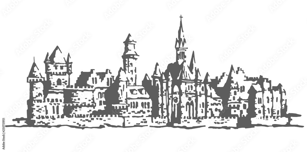 Vector hand drawn illustration of castle on white background. Stock ...