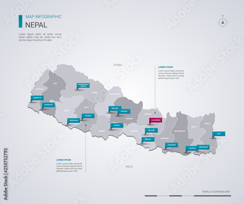 Nepal vector map with infographic elements, pointer marks.