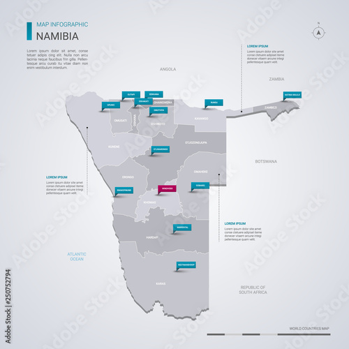 Namibia vector map with infographic elements, pointer marks.