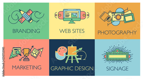 Creative design process concept with web studio development elements. Flat line icons modern style vector illustration set. 