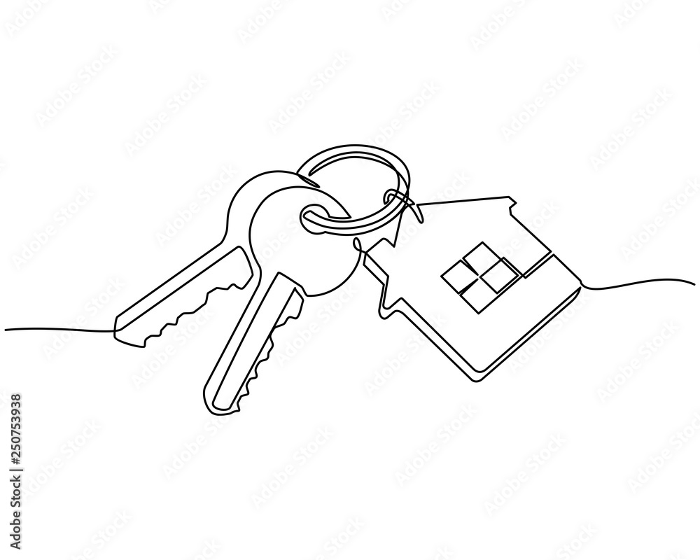 continuous line drawing of House keys with house shaped keychain, Real estate concept, isolated