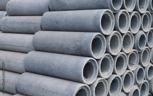 Precast reinforced concrete pipes laying on the ground