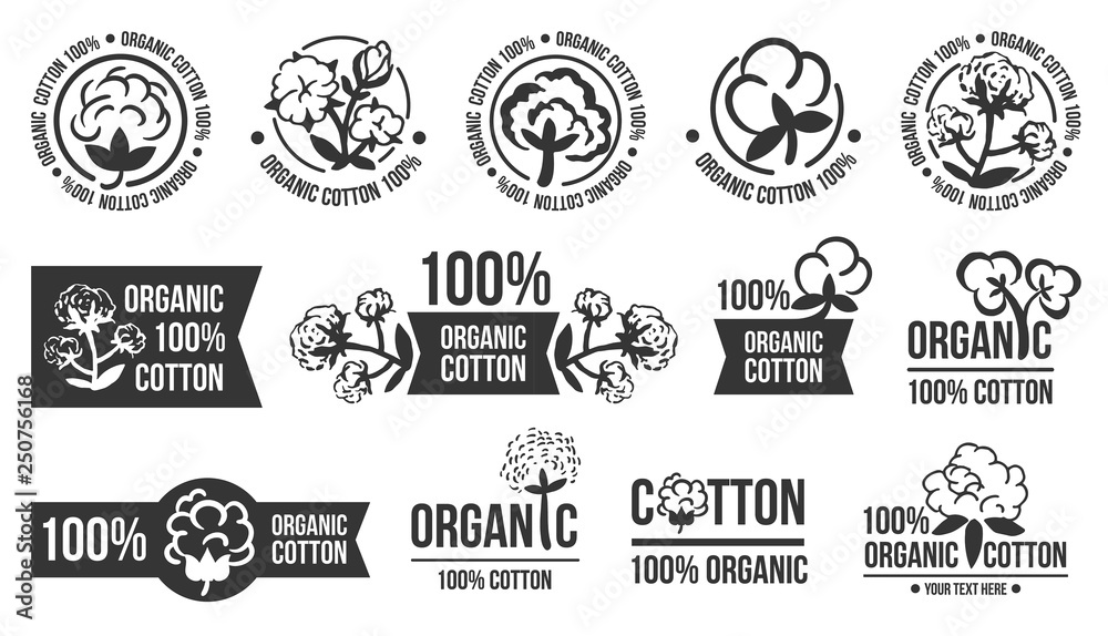 Natural organic cotton, pure cotton vector labels set. Hand drawn,  typographic style icons or badges, stickers, signs. Isolated white  background Stock Vector