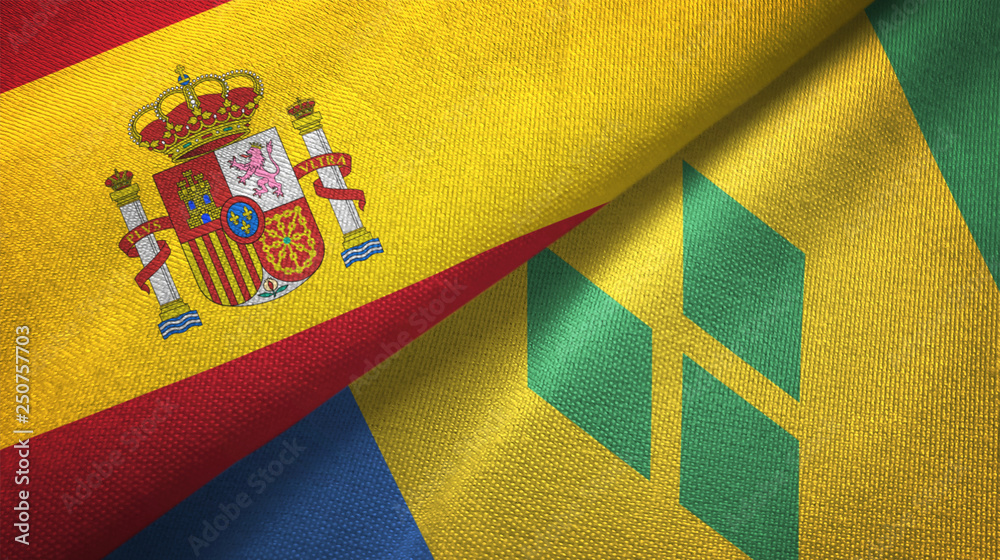 Spain and Saint Vincent and the Grenadines two flags textile cloth, fabric texture Spain and Saint Vincent and the Grenadines two flags textile cloth, fabric texture