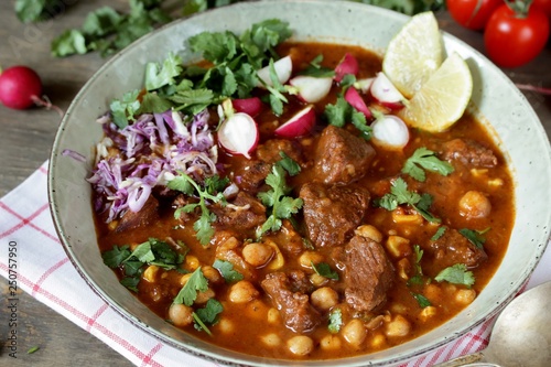 Beef Pozole. with beef and chickpeas. festive Mexican rich soup.