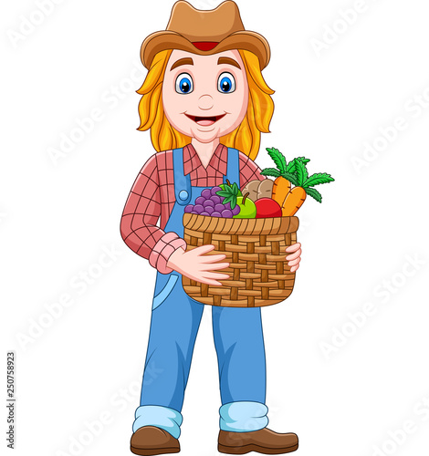 Cartoon girl farmer holding a basket of vegetable and fruits
