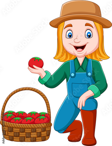 Cartoon girl harvesting tomatoes