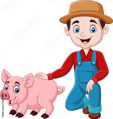 Cartoon young farmer with a pig