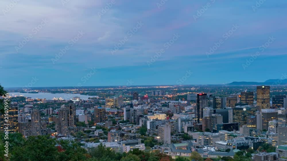 Aerial afternoon to night timelapse of Montreal downtown cityscape from Royal Mountain Aerial afternoon to night timelapse of Montreal downtown cityscape from Royal Mountain