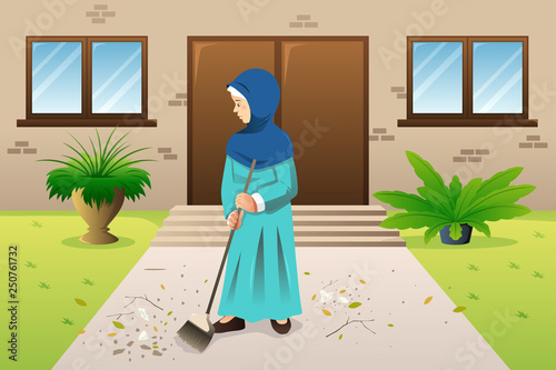 Muslim Woman Sweeping the Trash Illustration