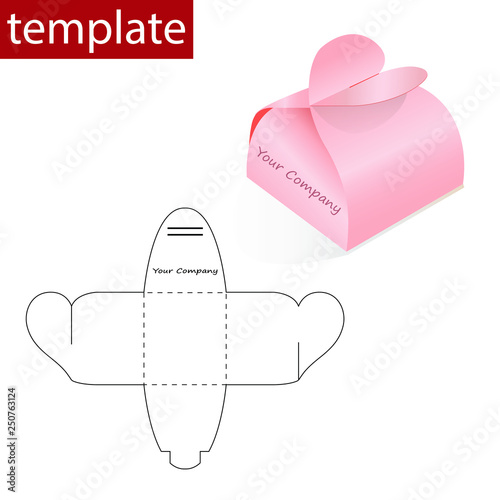Retail paper box with die cut template. Heart shaped handles