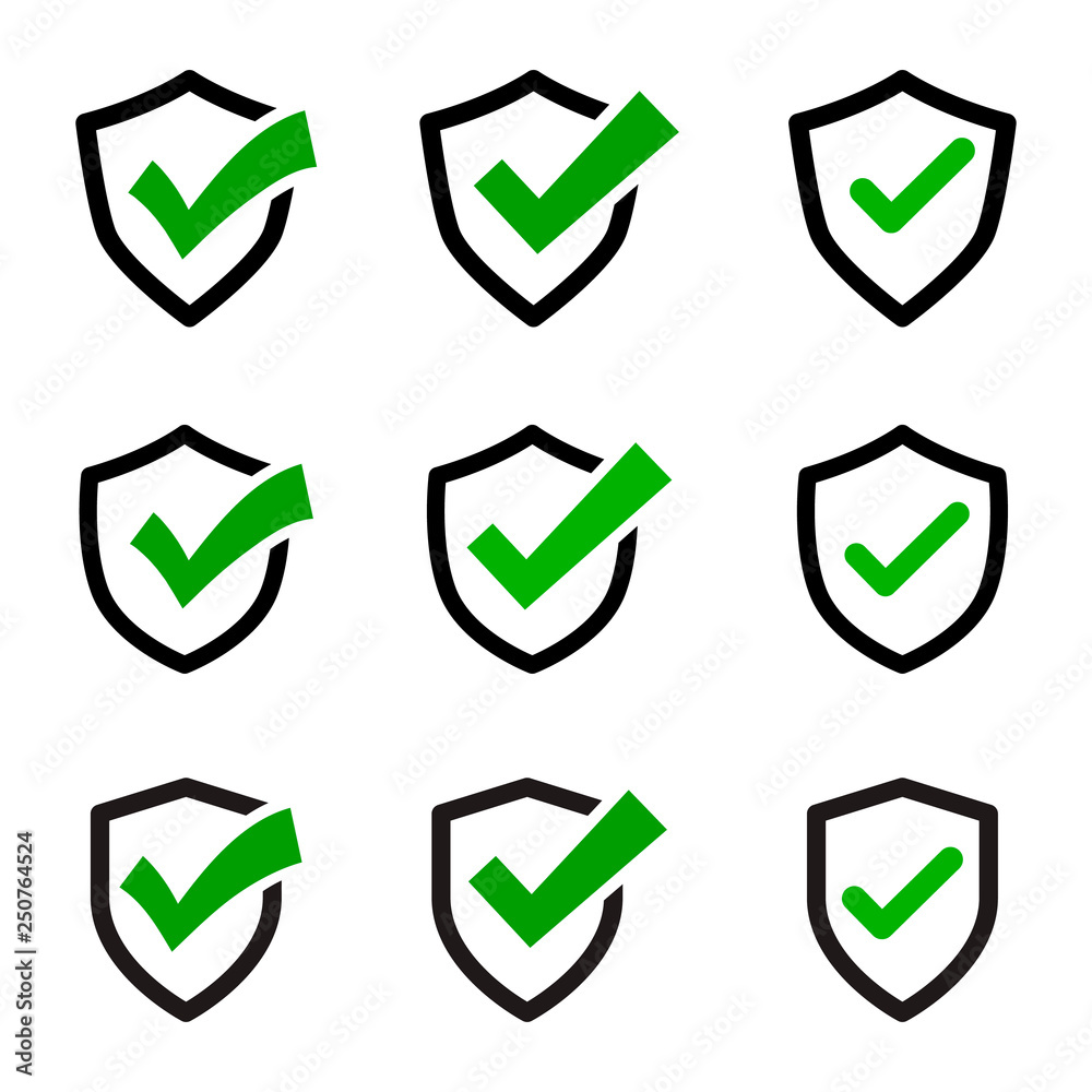 green check mark protection shield icon vector isolated on white background. logo template. green check mark protection shield icon vector isolated on white background. logo template.