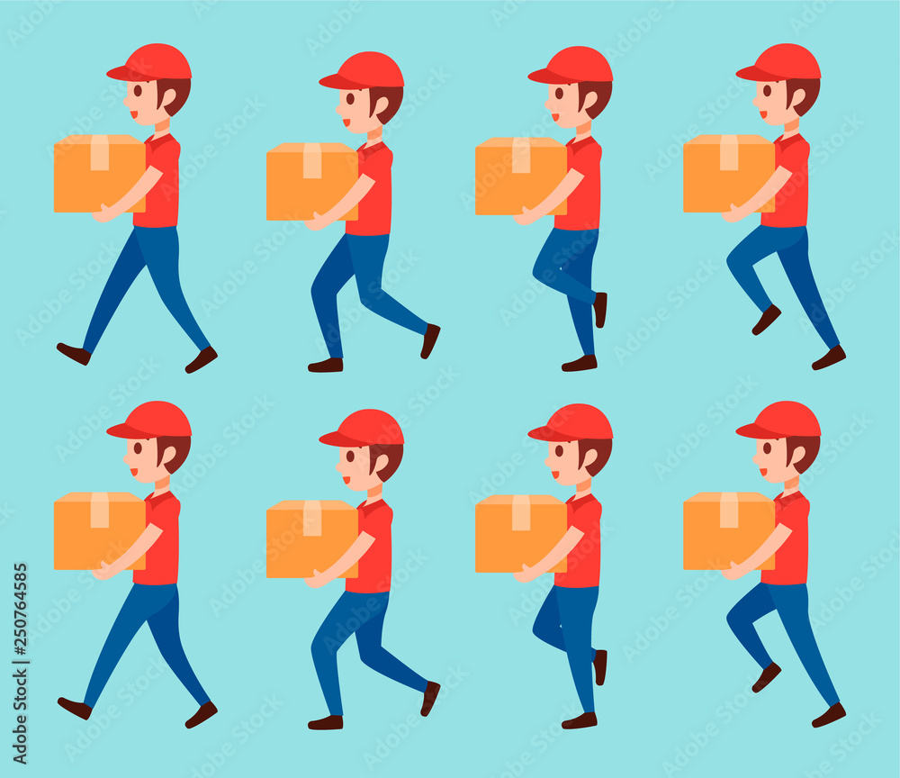 animation delivery man walk. holding goods,product. flat vector illustration isolated.