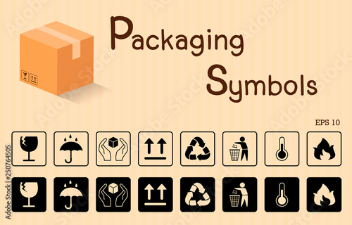 Vector packaging symbols set on cardboard background. signs and icons. Use on package