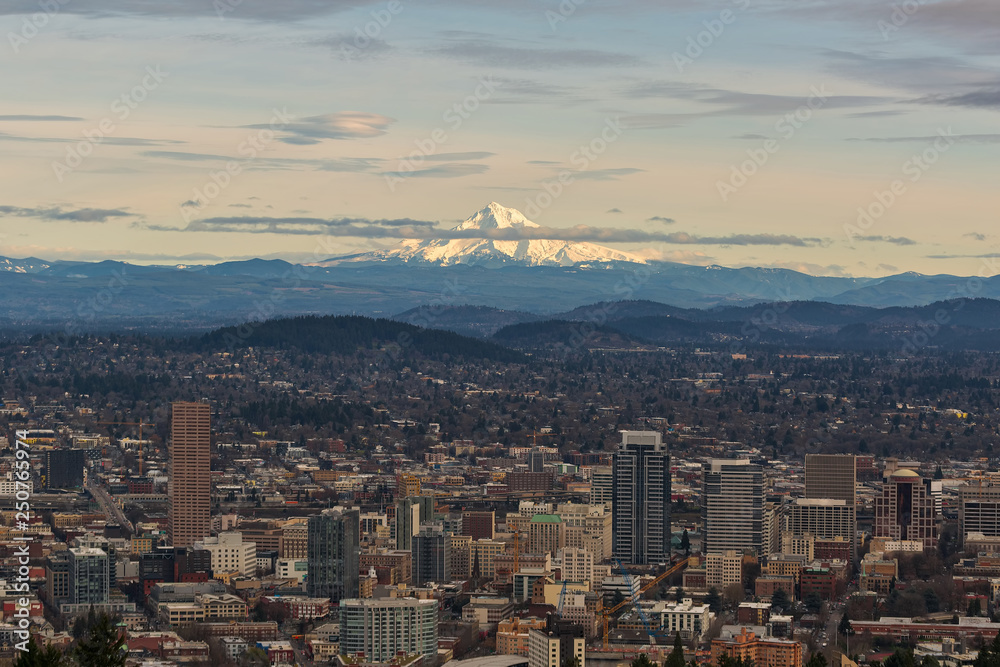 Mount Hood View over Portland Cityscape