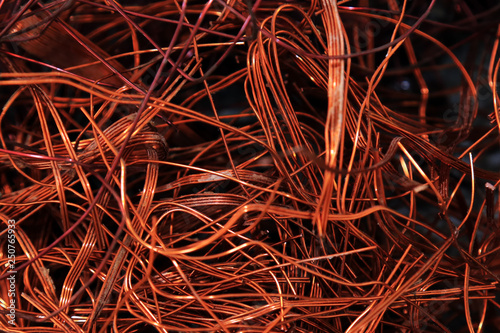 Close-up copper wires industry raw materials recycled concept.