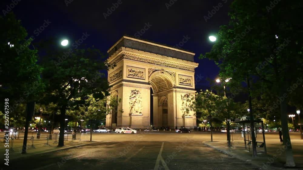 WS Traffic in front of Arc De Triomphe at night / Paris, France