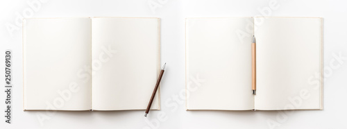 Business concept - Top view collection of  light yellow fabric notebook, pen and white open page isolated on background for mockup