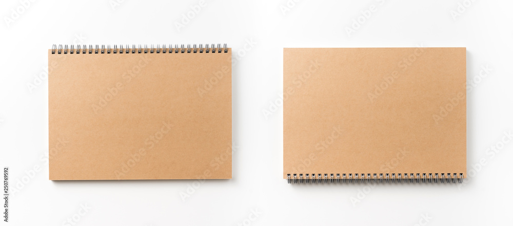 Business concept - Top view collection of  spiral kraft notebook front, back and white open page isolated on background for mockup