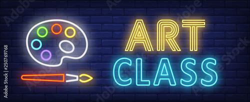 Art class neon text with palette and brush