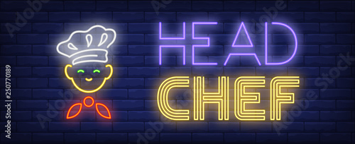 Head chef neon text with kid wearing cook hat