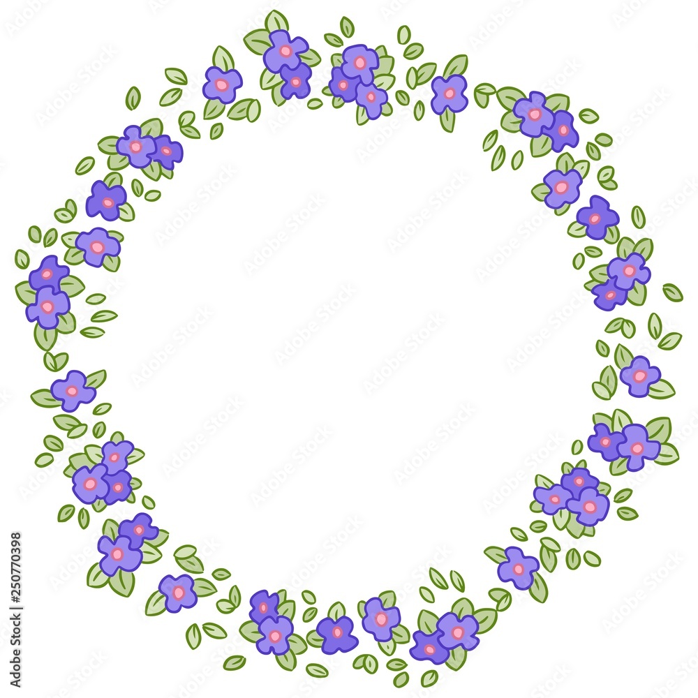 Vector round wreath with Pansy or Viola flowers and leaves