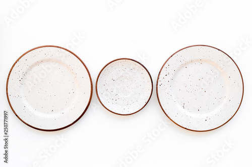 Mockup with plates. Empty ceramic plates on white background top view copy space