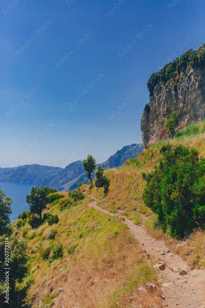 Hiking trail on mountain and coastline of Amalfi Coast from Path of the Gods, near Positano, Italy