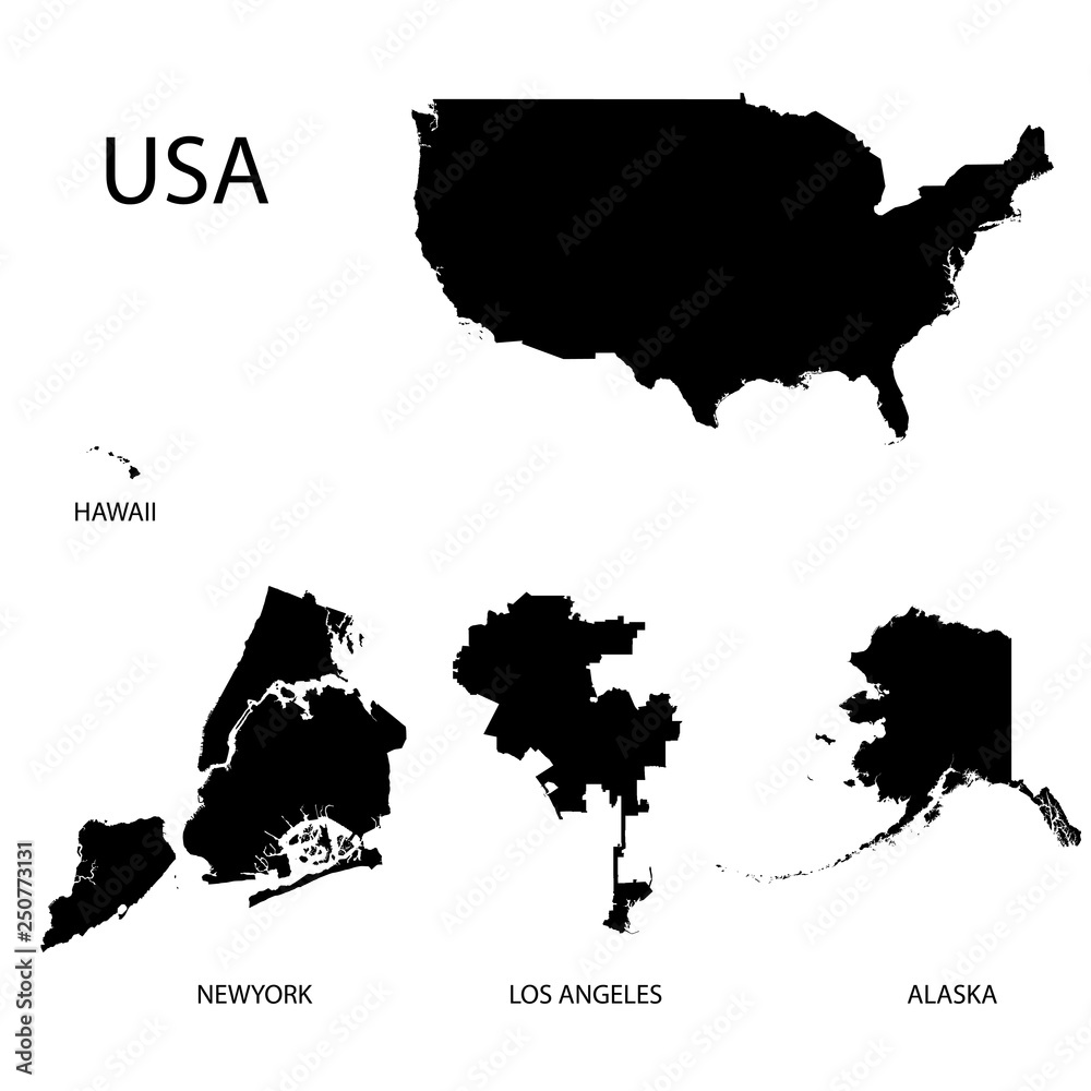 high detail of USA and 5 big cities map