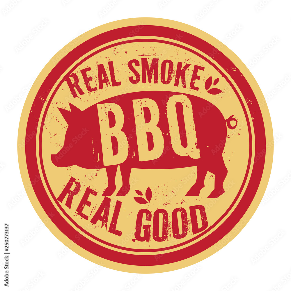 Pork stamp or label text Real Smoke, Real Good BBQ