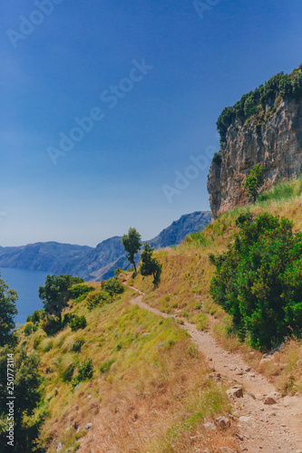Hiking trail on mountain and coastline of Amalfi Coast from Path of the Gods, near Positano, Italy