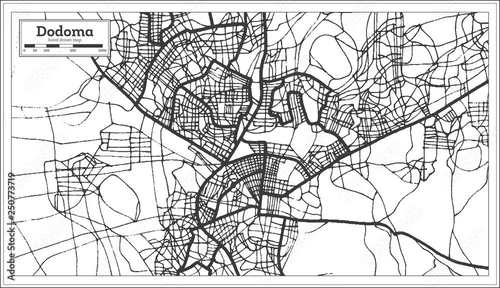 Dodoma Tanzania City Map in Retro Style. Outline Map.