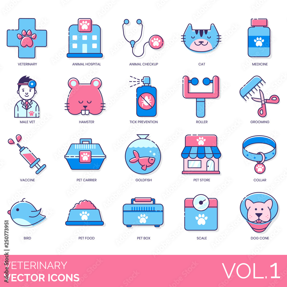Veterinary icons including animal hospital, checkup, cat, medicine, male vet,  hamster, tick prevention, roller, grooming, vaccine, pet carrier, goldfish,  store, collar, bird, food, box, scale, cone. Stock Vector | Adobe Stock