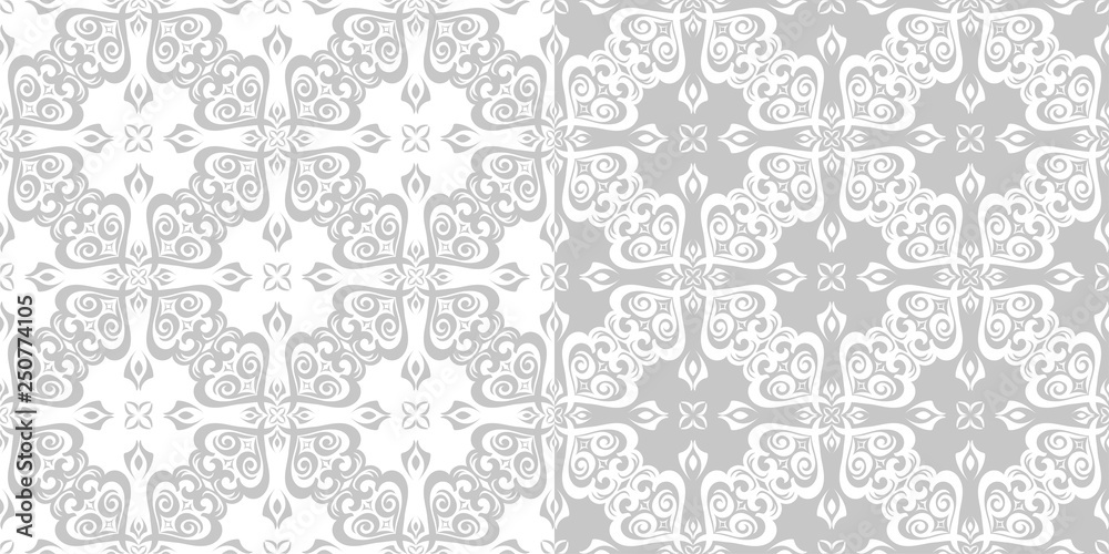 Floral seamless patterns. Gray and white monochrome design compilation