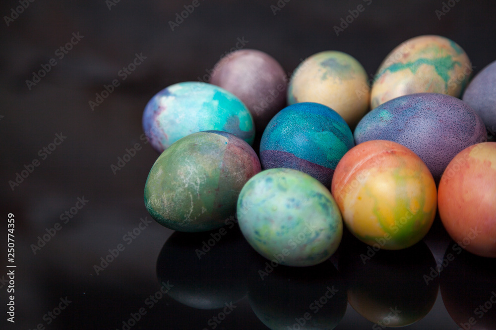 Group of easter painted eggs on black background Group of easter painted eggs on black background