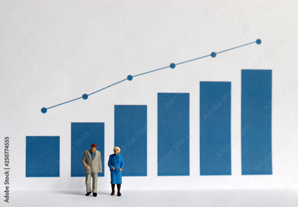 Blue bar graph with flow linear graph. Miniature older people. Stock ...