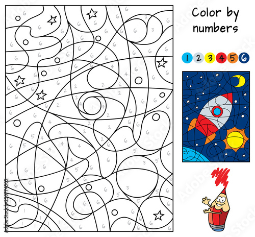 Space rocket. Color by numbers. Coloring book. Educational puzzle game for children. Cartoon vector illustration