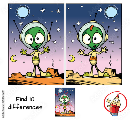 Alien in a spacesuit and helmet. Find 10 differences. Educational matching game for children. Cartoon vector illustration