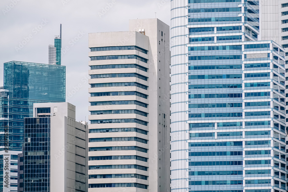 Close up view of high modern office and business building in downtown Singapore
