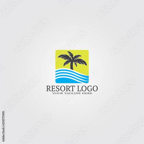 resort logo template with coconut tree, vector logo for business corporate, nature, plant, tree, sea, element, illustration.