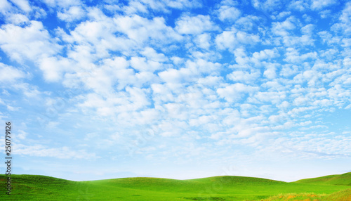 Sunny summer landscape. Spindrift clouds. Cirrus clouds against the blue sky above the hills covered with green fresh grass